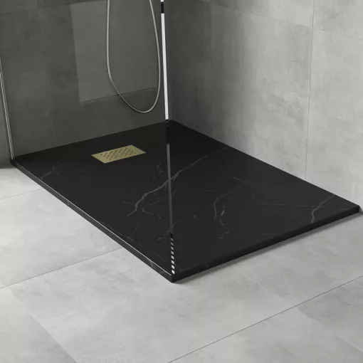 HD Marco+ Black Marble 120x90 SMC kompozit slim szögletes kőhatású zuhanytálca, arany színű ráccsal, 2,6 cm magas, szifonnal