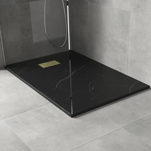 HD Marco+ Black Marble 120x90 SMC kompozit slim szögletes kőhatású zuhanytálca, arany színű ráccsal, 2,6 cm magas, szifon nélkül