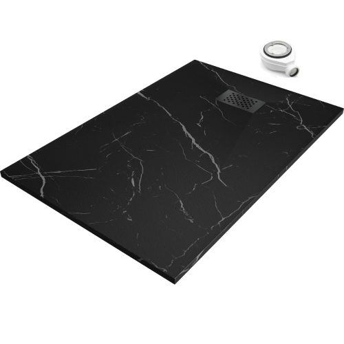 HD Marco+ Black Marble 120x90 SMC kompozit slim szögletes kőhatású zuhanytálca, fekete ráccsal, 2,6 cm magas, szifonnal
