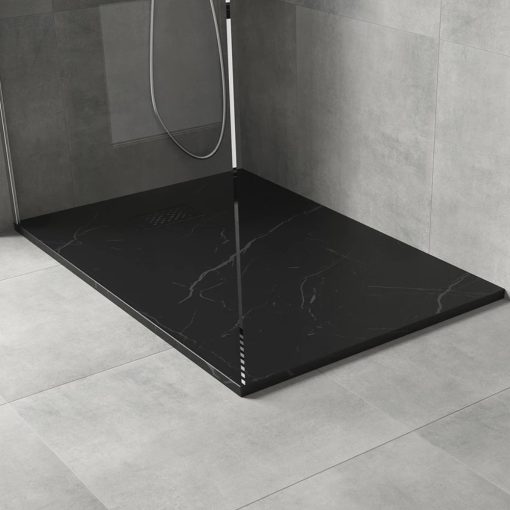 HD Marco+ Black Marble 100x80/120x90 SMC kompozit slim szögletes kőhatású zuhanytálca, fekete ráccsal, 2,6 cm magas, szifon nélkül