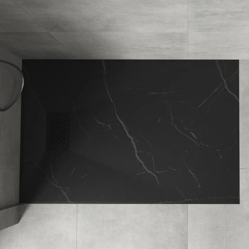 HD Marco+ Black Marble 100x80/120x90 SMC kompozit slim szögletes kőhatású zuhanytálca, fekete ráccsal, 2,6 cm magas, szifon nélkül