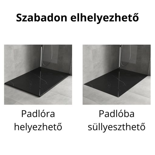 HD Marco+ Black Marble 100x80/120x90 SMC kompozit slim szögletes kőhatású zuhanytálca, fekete ráccsal, 2,6 cm magas, szifon nélkül