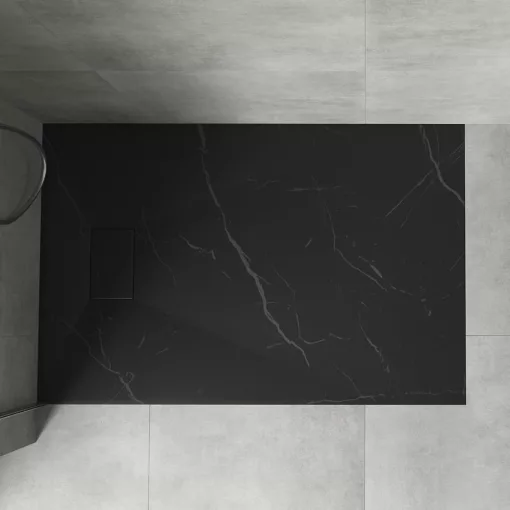 HD Marco Black Marble 100x80 SMC kompozit slim szögletes kőhatású zuhanytálca, 2,6 cm magas, szifonnal