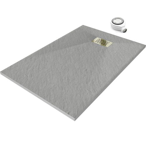 HD Marco+ Gray 100x80 SMC kompozit slim szögletes kőhatású zuhanytálca, arany színű ráccsal, 2,6 cm magas, szifonnal