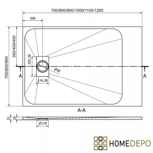 HD Marco+ White 70x100 SMC kompozit slim szögletes kőhatású zuhanytálca, krómozott ráccsal, 2,6 cm magas, szifonnal