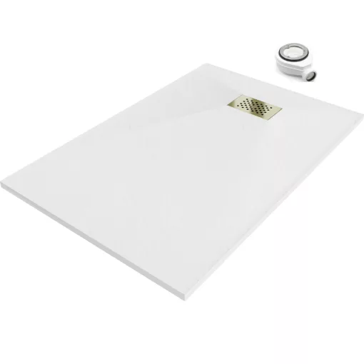 HD Marco+ White 70x80 SMC kompozit slim szögletes kőhatású zuhanytálca, arany színű ráccsal, 2,6 cm magas, szifonnal