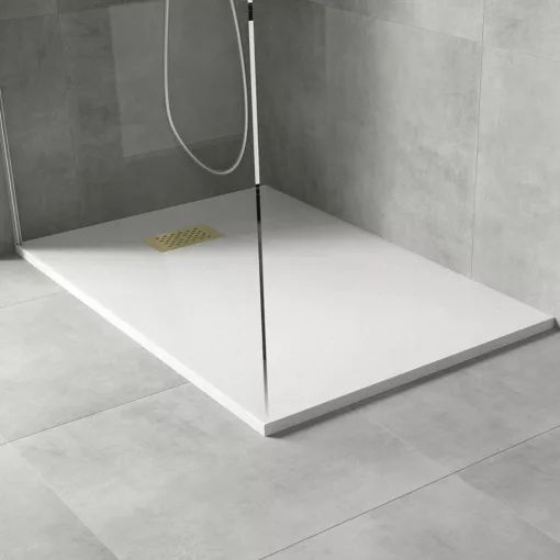 HD Marco+ White 70x80 SMC kompozit slim szögletes kőhatású zuhanytálca, arany színű ráccsal, 2,6 cm magas, szifonnal