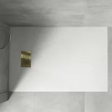 HD Marco+ White 70x80 SMC kompozit slim szögletes kőhatású zuhanytálca, arany színű ráccsal, 2,6 cm magas, szifonnal