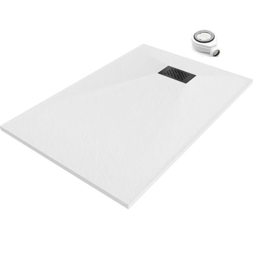 HD Marco+ White 80x90 SMC kompozit slim szögletes kőhatású zuhanytálca, fekete ráccsal, 2,6 cm magas, szifonnal