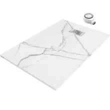 HD Marco+ White Marble 120x90 SMC kompozit slim szögletes kőhatású zuhanytálca, krómozott ráccsal, 2,6 cm magas, szifonnal