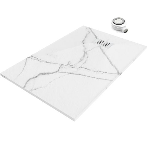 HD Marco+ White Marble 100x80 SMC kompozit slim szögletes kőhatású zuhanytálca, fehér ráccsal, 2,6 cm magas, szifonnal