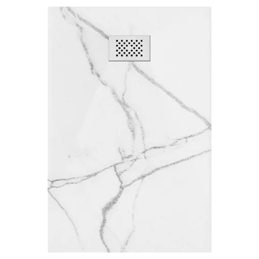HD Marco+ White Marble 100x80 SMC kompozit slim szögletes kőhatású zuhanytálca, fehér ráccsal, 2,6 cm magas, szifonnal