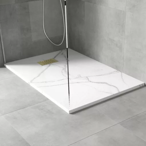 HD Marco+ White Marble 100x80/120x90 SMC kompozit slim szögletes kőhatású zuhanytálca, arany színű ráccsal, 2,6 cm magas, szifon nélkül
