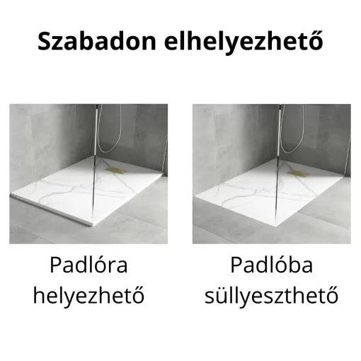 HD Marco+ White Marble 100x80/120x90 SMC kompozit slim szögletes kőhatású zuhanytálca, arany színű ráccsal, 2,6 cm magas, szifon nélkül