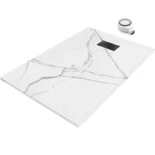 HD Marco+ White Marble 100x80 SMC kompozit slim szögletes kőhatású zuhanytálca, fekete ráccsal, 2,6 cm magas, szifonnal
