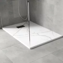 HD Marco+ White Marble 120x90 SMC kompozit slim szögletes kőhatású zuhanytálca, fekete ráccsal, 2,6 cm magas, szifon nélkül