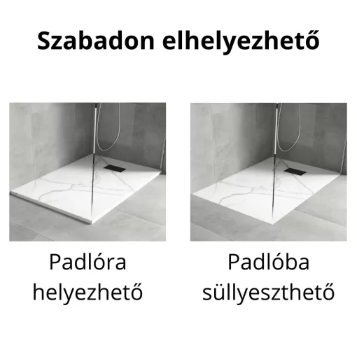 HD Marco+ White Marble 120x90 SMC kompozit slim szögletes kőhatású zuhanytálca, fekete ráccsal, 2,6 cm magas, szifon nélkül