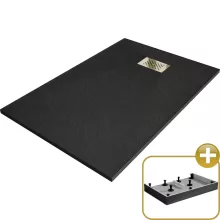 HD Marco+ Black 100x80/120x90 SMC kompozit magasított szögletes kőhatású zuhanytálca, arany színű ráccsal, 15 cm magas, szifon nélkül
