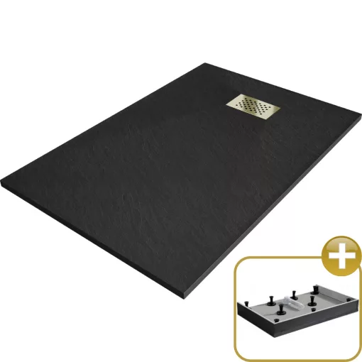 HD Marco+ Black 100x80/120x90 SMC kompozit magasított szögletes kőhatású zuhanytálca, arany színű ráccsal, 15 cm magas, szifon nélkül