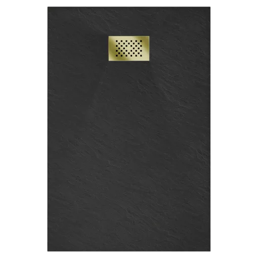 HD Marco+ Black 100x80/120x90 SMC kompozit magasított szögletes kőhatású zuhanytálca, arany színű ráccsal, 15 cm magas, szifon nélkül