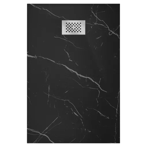 HD Marco+ Black Marble 100x80 SMC kompozit magasított szögletes kőhatású zuhanytálca, krómozott ráccsal, 15 cm magas, szifonnal