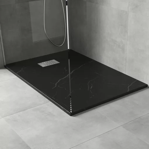 HD Marco+ Black Marble 100x80/120x90 SMC kompozit magasított szögletes kőhatású zuhanytálca, krómozott ráccsal, 15 cm magas, szifon nélkül