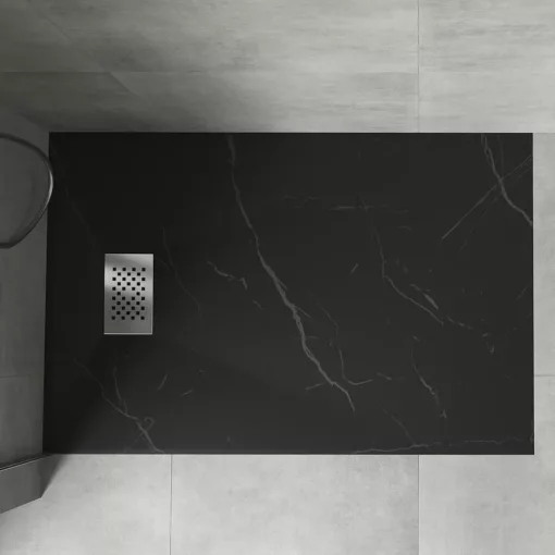 HD Marco+ Black Marble 100x80/120x90 SMC kompozit magasított szögletes kőhatású zuhanytálca, krómozott ráccsal, 15 cm magas, szifon nélkül