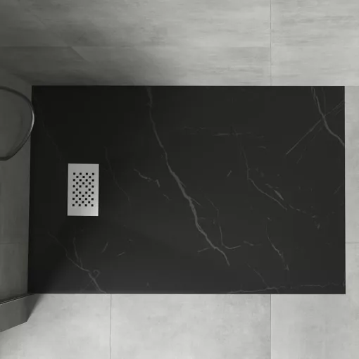 HD Marco+ Black Marble 100x80/120x90 SMC kompozit magasított szögletes kőhatású zuhanytálca, fehér ráccsal, 15 cm magas, szifon nélkül