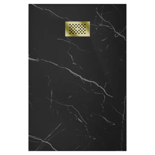 HD Marco+ Black Marble 100x80/120x90 SMC kompozit magasított szögletes kőhatású zuhanytálca, arany színű ráccsal, 15 cm magas, szifon nélkül