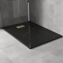 HD Marco+ Black Marble 100x80/120x90 SMC kompozit magasított szögletes kőhatású zuhanytálca, arany színű ráccsal, 15 cm magas, szifon nélkül