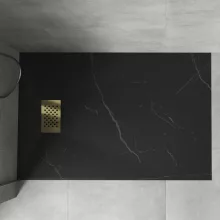 HD Marco+ Black Marble 100x80/120x90 SMC kompozit magasított szögletes kőhatású zuhanytálca, arany színű ráccsal, 15 cm magas, szifon nélkül