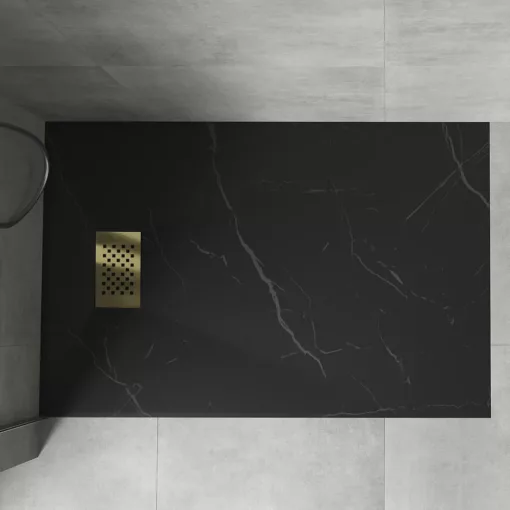 HD Marco+ Black Marble 100x80/120x90 SMC kompozit magasított szögletes kőhatású zuhanytálca, arany színű ráccsal, 15 cm magas, szifon nélkül