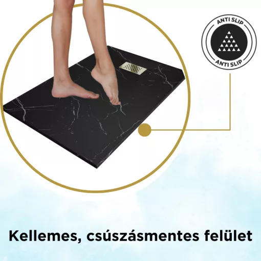 HD Marco+ Black Marble 100x80/120x90 SMC kompozit magasított szögletes kőhatású zuhanytálca, arany színű ráccsal, 15 cm magas, szifon nélkül