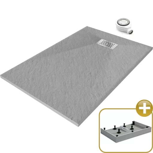 HD Marco+ Gray 100x80 SMC kompozit magasított szögletes kőhatású zuhanytálca, krómozott ráccsal, 15 cm magas, szifonnal