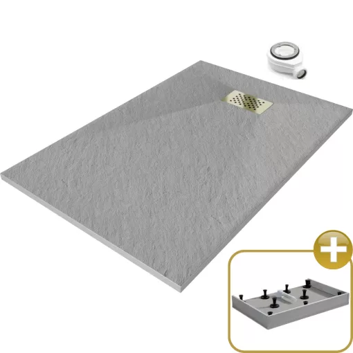 HD Marco+ Gray 100x80 SMC kompozit magasított szögletes kőhatású zuhanytálca, arany színű ráccsal, 15 cm magas, szifonnal