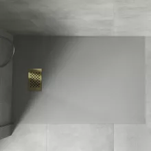 HD Marco+ Gray 100x80 SMC kompozit magasított szögletes kőhatású zuhanytálca, arany színű ráccsal, 15 cm magas, szifonnal