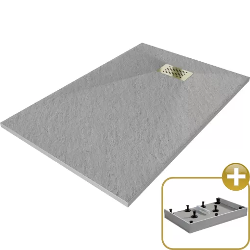 HD Marco+ Gray 100x80/120x90 SMC kompozit magasított szögletes kőhatású zuhanytálca, arany színű ráccsal, 15 cm magas, szifon nélkül