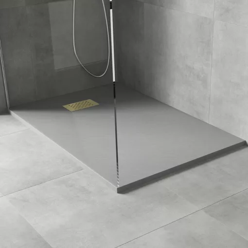 HD Marco+ Gray 100x80/120x90 SMC kompozit magasított szögletes kőhatású zuhanytálca, arany színű ráccsal, 15 cm magas, szifon nélkül