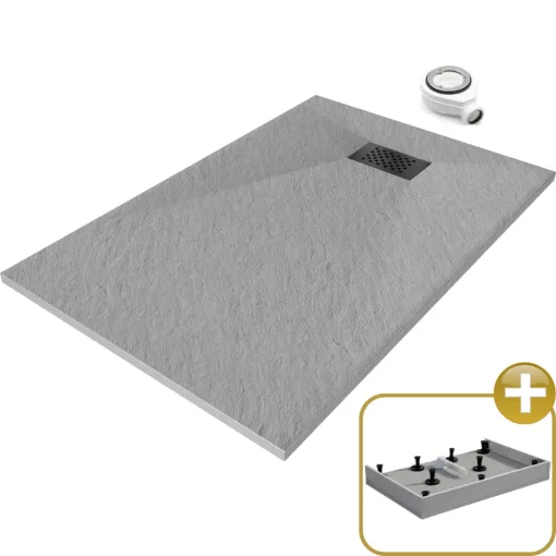 HD Marco+ Gray 120x90 SMC kompozit magasított szögletes kőhatású zuhanytálca, fekete ráccsal, 15 cm magas, szifonnal