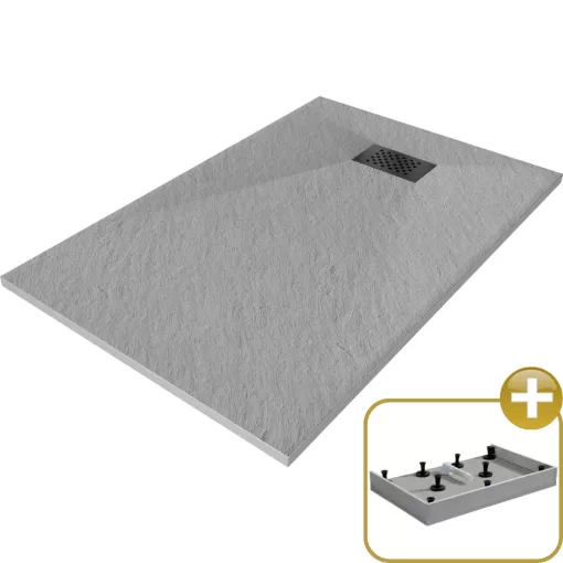 HD Marco+ Gray 100x80/120x90 SMC kompozit magasított szögletes kőhatású zuhanytálca, fekete ráccsal, 15 cm magas, szifon nélkül