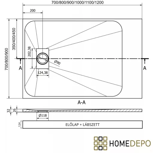 HD Marco+ White 70x90 SMC kompozit magasított szögletes kőhatású zuhanytálca, fehér ráccsal, 15 cm magas, szifon nélkül