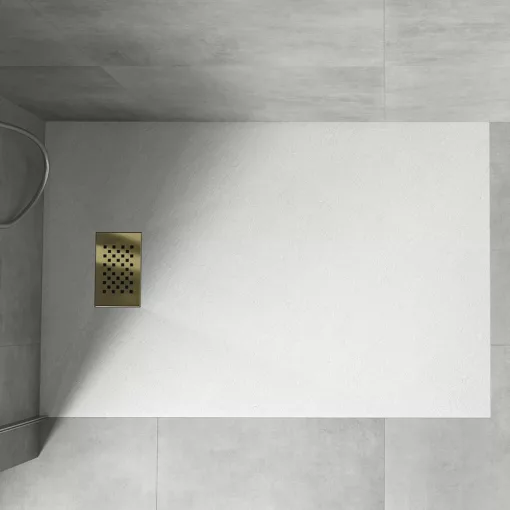 HD Marco+ White 70x90 SMC kompozit magasított szögletes kőhatású zuhanytálca, arany színű ráccsal, 15 cm magas, szifon nélkül