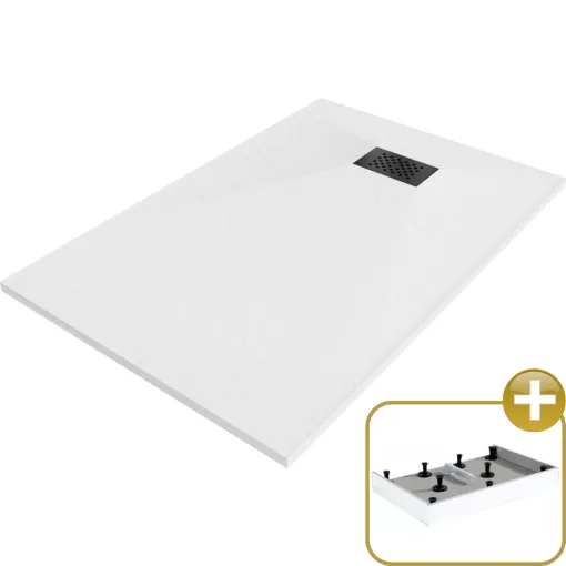 HD Marco+ White 100x70 SMC kompozit magasított szögletes kőhatású zuhanytálca, fekete ráccsal, 15 cm magas, szifon nélkül