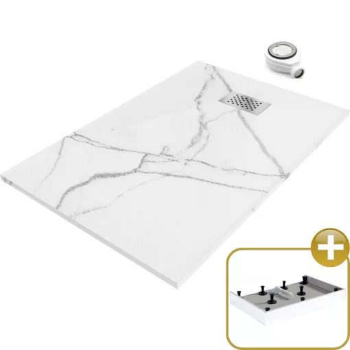 HD Marco+ White Marble 100x80 SMC kompozit magasított szögletes kőhatású zuhanytálca, krómozott ráccsal, 15 cm magas, szifonnal