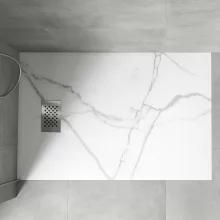 HD Marco+ White Marble 120x90 SMC kompozit magasított szögletes kőhatású zuhanytálca, krómozott ráccsal, 15 cm magas, szifon nélkül