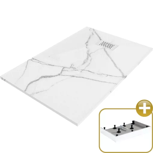 HD Marco+ White Marble 120x90 SMC kompozit magasított szögletes kőhatású zuhanytálca, fehér ráccsal, 15 cm magas, szifon nélkül