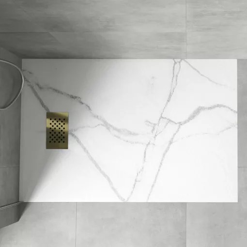 HD Marco+ White Marble 120x90 SMC kompozit magasított szögletes kőhatású zuhanytálca, arany színű ráccsal, 15 cm magas, szifonnal