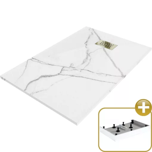 HD Marco+ White Marble 120x90 SMC kompozit magasított szögletes kőhatású zuhanytálca, arany színű ráccsal, 15 cm magas, szifon nélkül