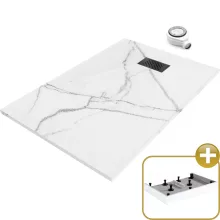 HD Marco+ White Marble 100x80 SMC kompozit magasított szögletes kőhatású zuhanytálca, fekete ráccsal, 15 cm magas, szifonnal