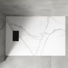HD Marco+ White Marble 100x80 SMC kompozit magasított szögletes kőhatású zuhanytálca, fekete ráccsal, 15 cm magas, szifonnal